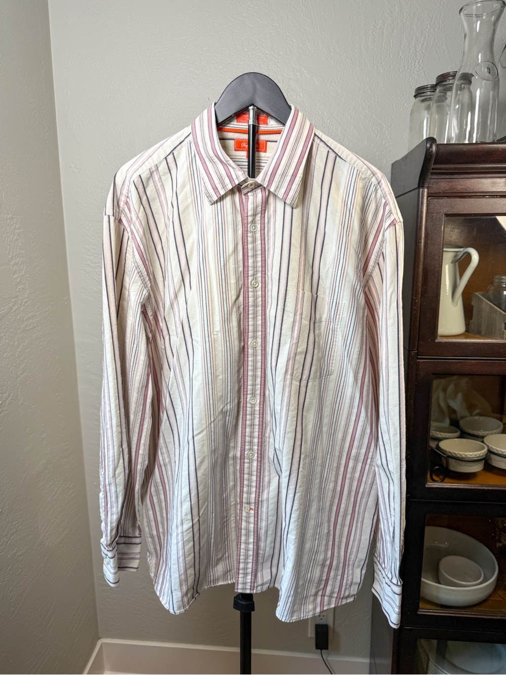 Façonnable Jeans Stripe Button Down Shirt Cream Burgundy 100% Cotton Size XL